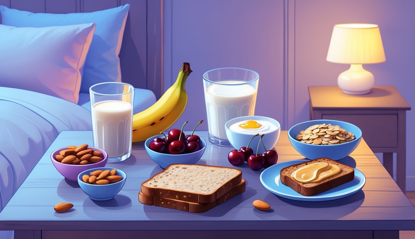 A table with seven healthy pre-bedtime snacks including almonds, warm milk, banana, Greek yogurt with honey, cherries, almond butter toast, and oatmeal with berries, set in a calm bedroom scene with a bed and nightstand lamp.