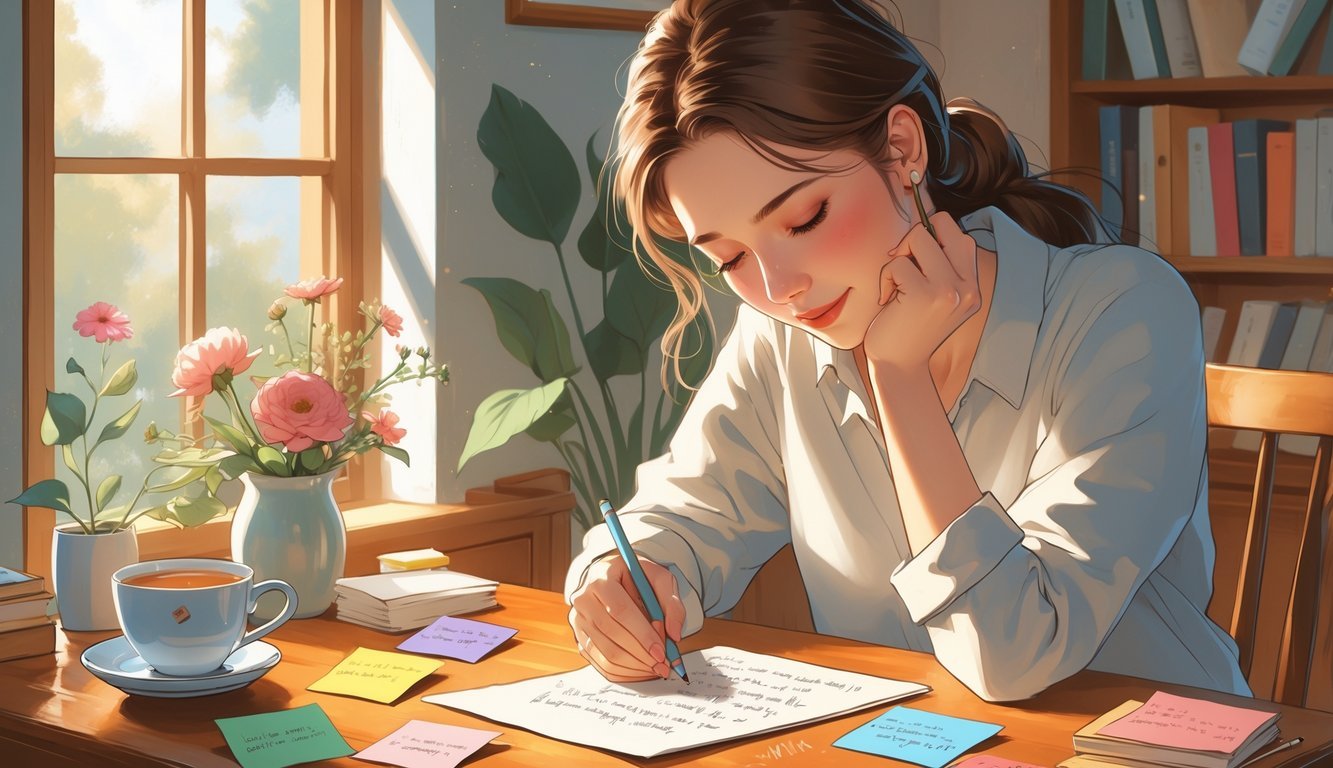 A young woman writing a heartfelt note at a wooden desk in a cozy room with natural light and plants nearby.