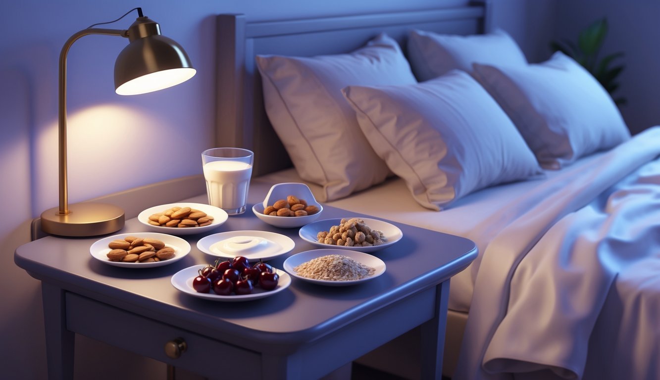 A cozy bedroom at night with a bedside table displaying seven healthy snacks and a neatly made bed in the background.