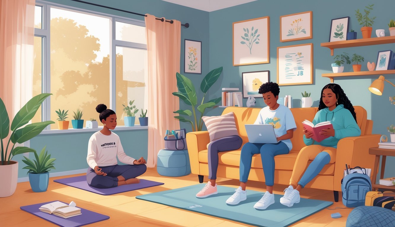 Teenagers at home engaging in activities like yoga, reading, and video chatting, creating a calm and supportive environment.