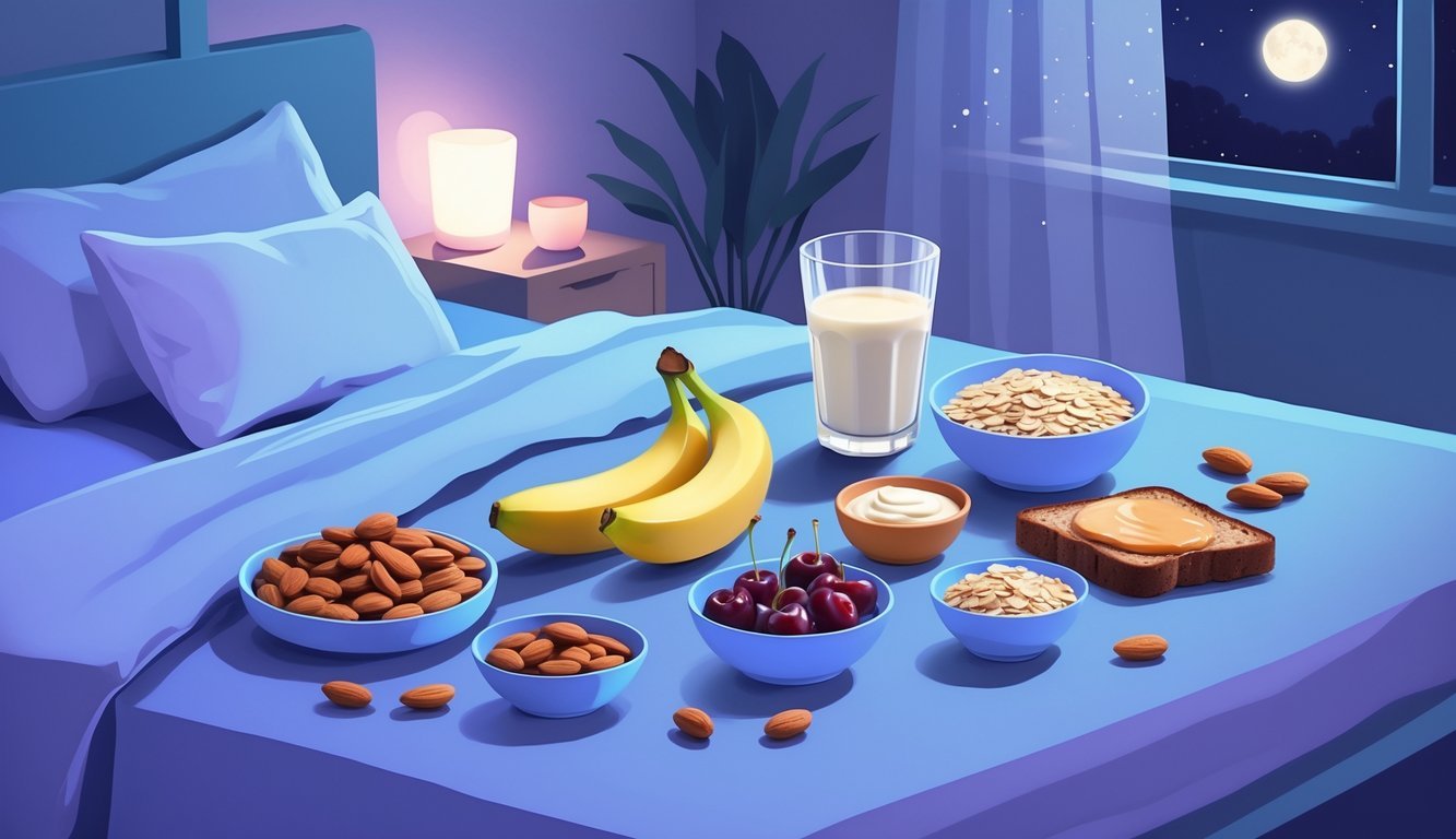 A bedside table with seven healthy pre-bedtime snacks displayed, including almonds, warm milk, a banana, yogurt with honey, cherries, whole grain toast with almond butter, and oats, set in a calm bedroom with a bed and a window showing a night sky.