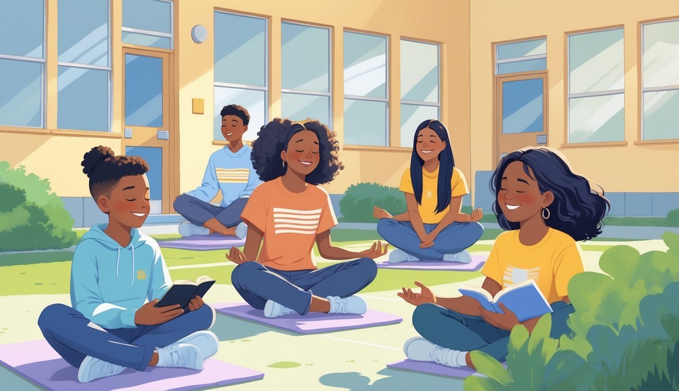 A group of teenagers peacefully reading, meditating, and talking outside a closed school building on a sunny day.