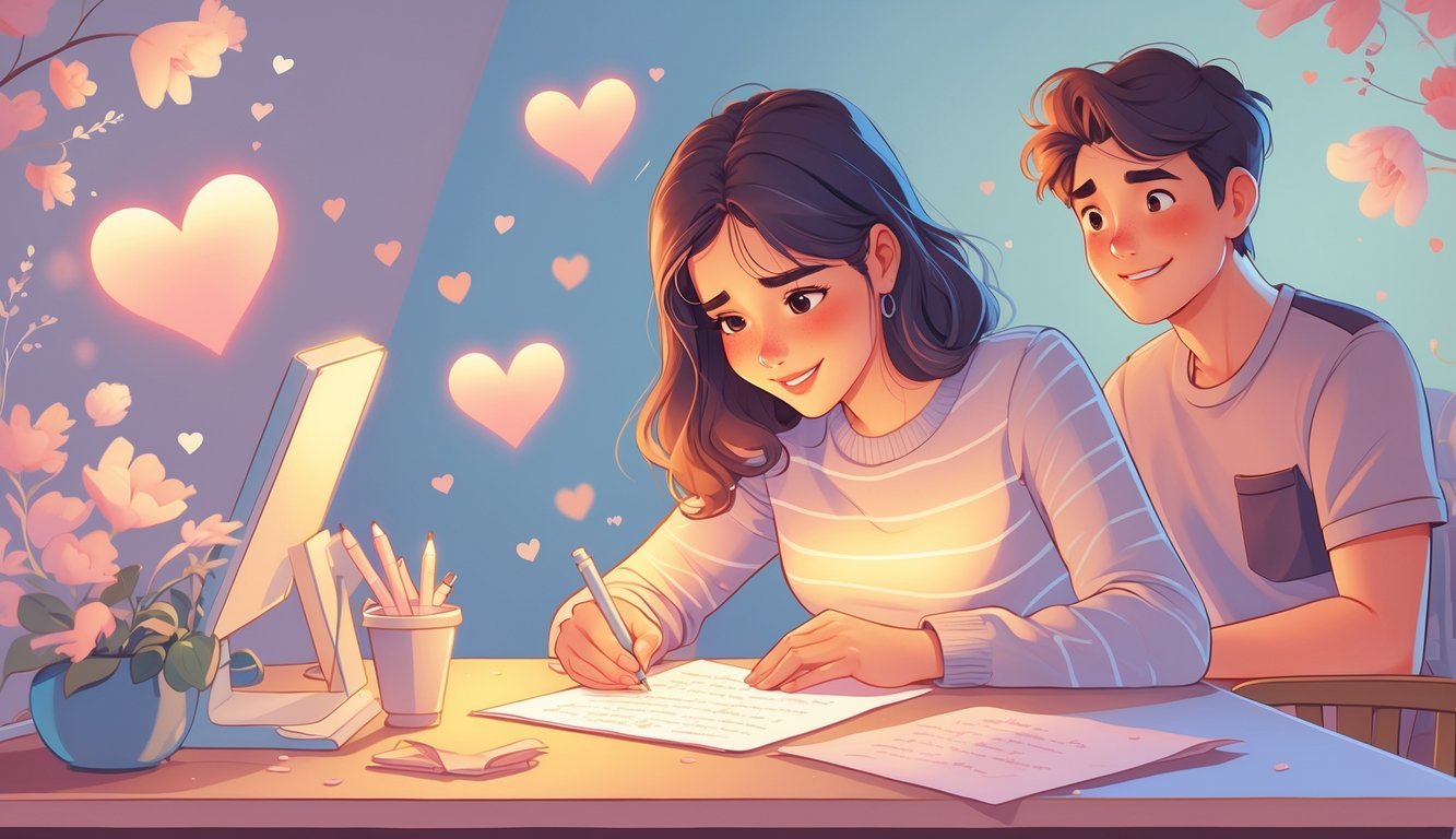 A young woman writing a note at a desk with soft glowing hearts around her, while a young man nearby looks on with a gentle smile, surrounded by pastel colors and floral accents.