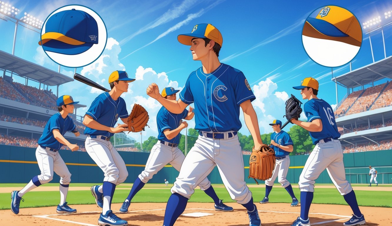 Baseball players wearing hats on a sunny field, showing how the hats protect their eyes from the sun and absorb sweat during the game.