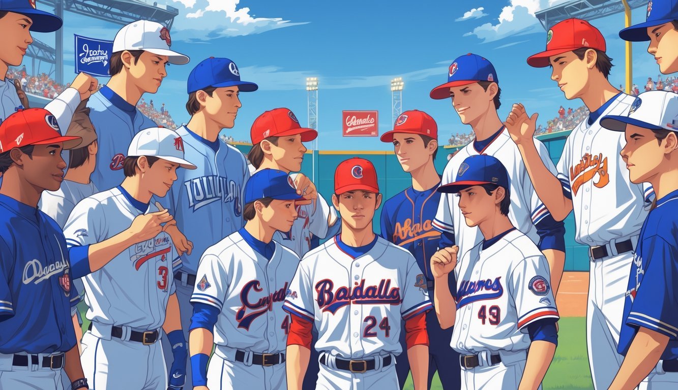 A group of baseball players wearing different team hats standing together on a baseball field with a stadium and fans in the background.