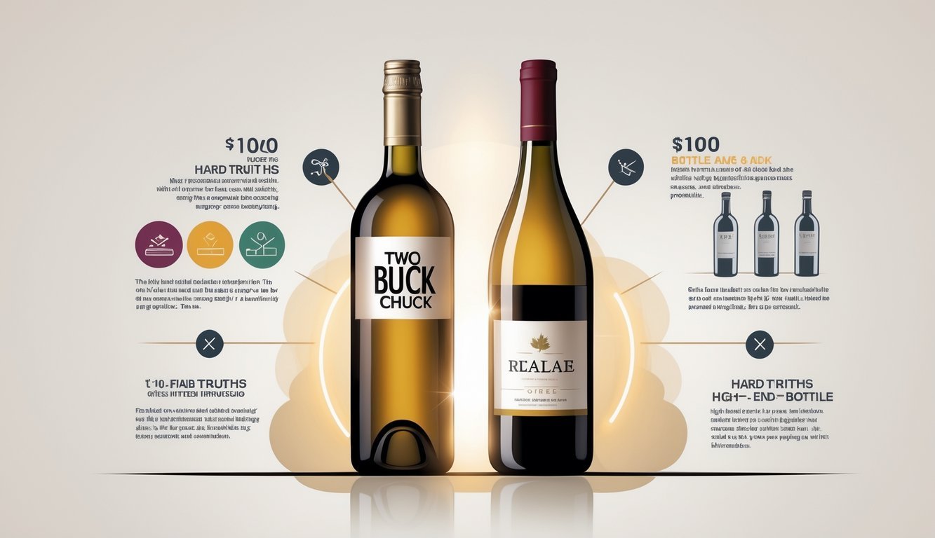 Two wine bottles side by side with visual symbols highlighting the qualities of the affordable bottle compared to the expensive one.