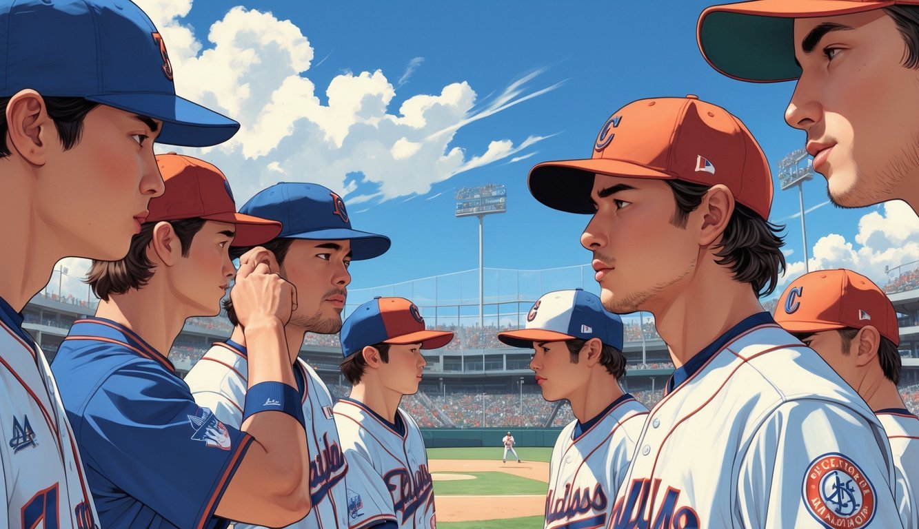 Baseball players wearing caps on a sunny field, with one player adjusting his hat and a coach talking to the team.