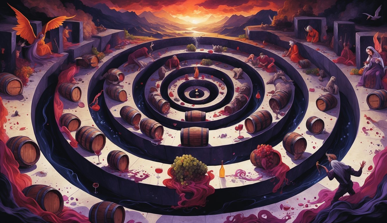 A dramatic scene showing nine descending circular levels where people face various wine-related struggles and punishments in a dark, surreal landscape.
