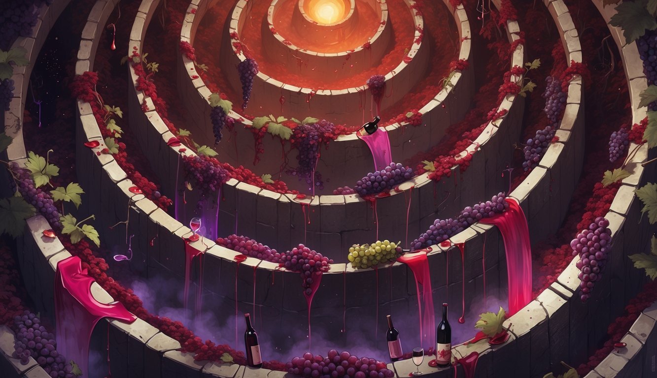 An imaginative scene showing nine descending circular layers, each filled with wine-related objects like spilled wine, broken glasses, grapevines, and barrels, set in a dark, fiery cavern.