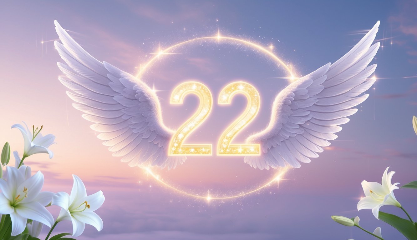 Glowing angel number 222 surrounded by angel wings with a peaceful dawn sky and white lilies and doves in the foreground.