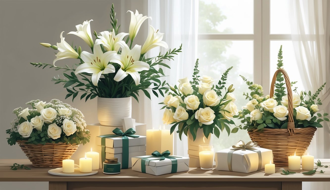 A peaceful arrangement of flowers and sympathy gift baskets on a wooden table with soft natural light.