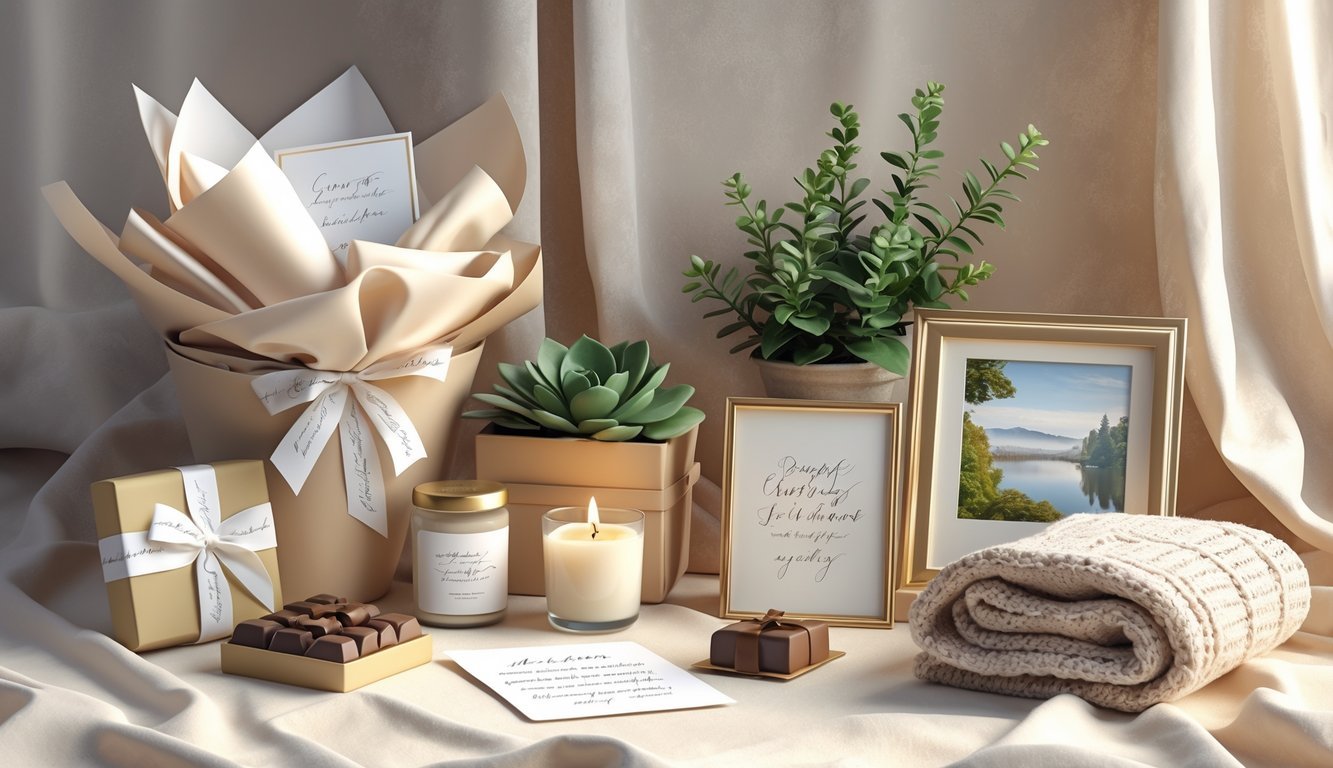 A collection of condolence gift items including chocolates, a scented candle, a potted succulent, a sympathy card, a photo frame, and a folded blanket arranged together.