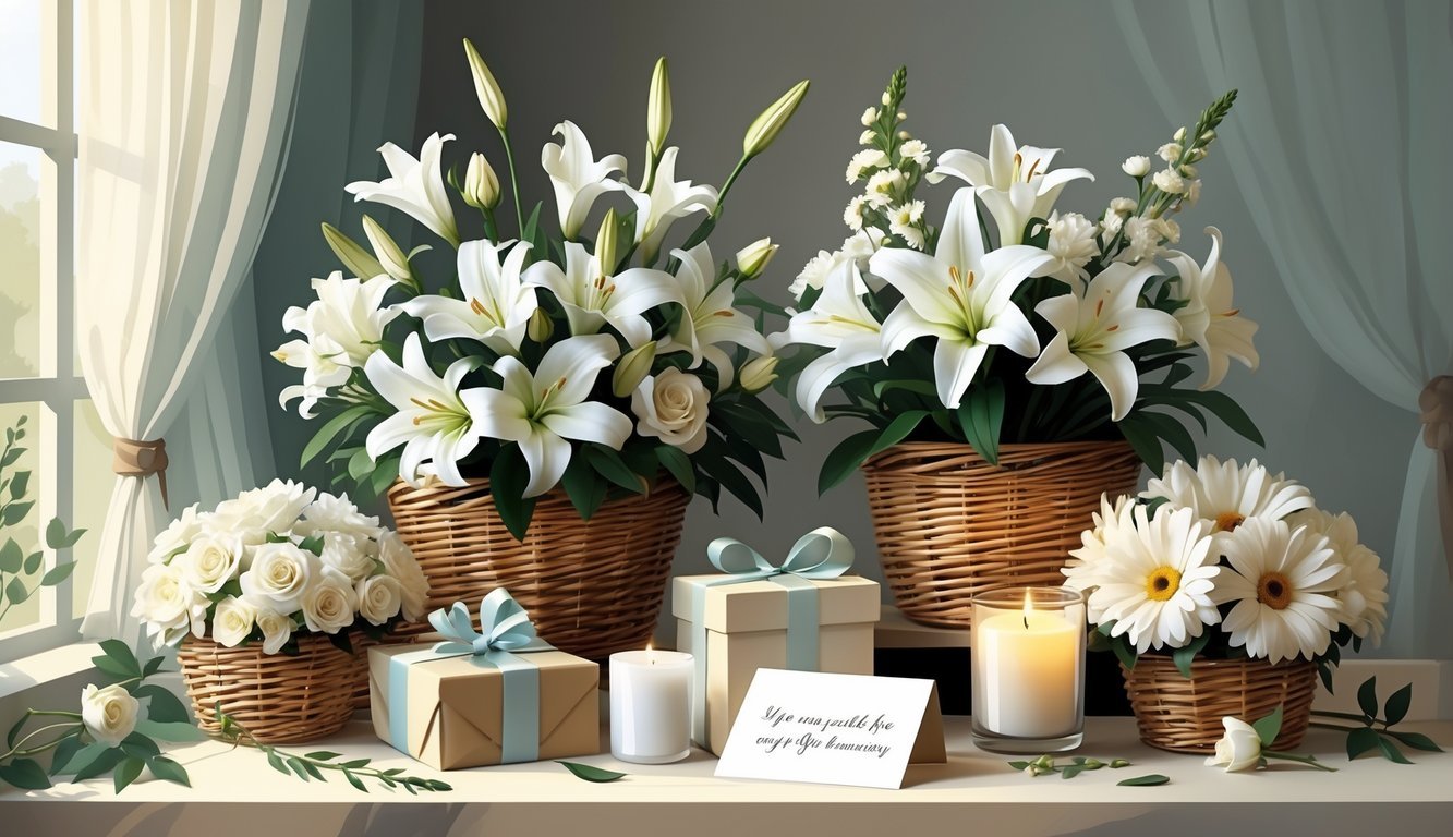 An arrangement of flower baskets with white lilies, roses, and chrysanthemums alongside a wrapped gift box, a candle, and a condolence card on a soft background.