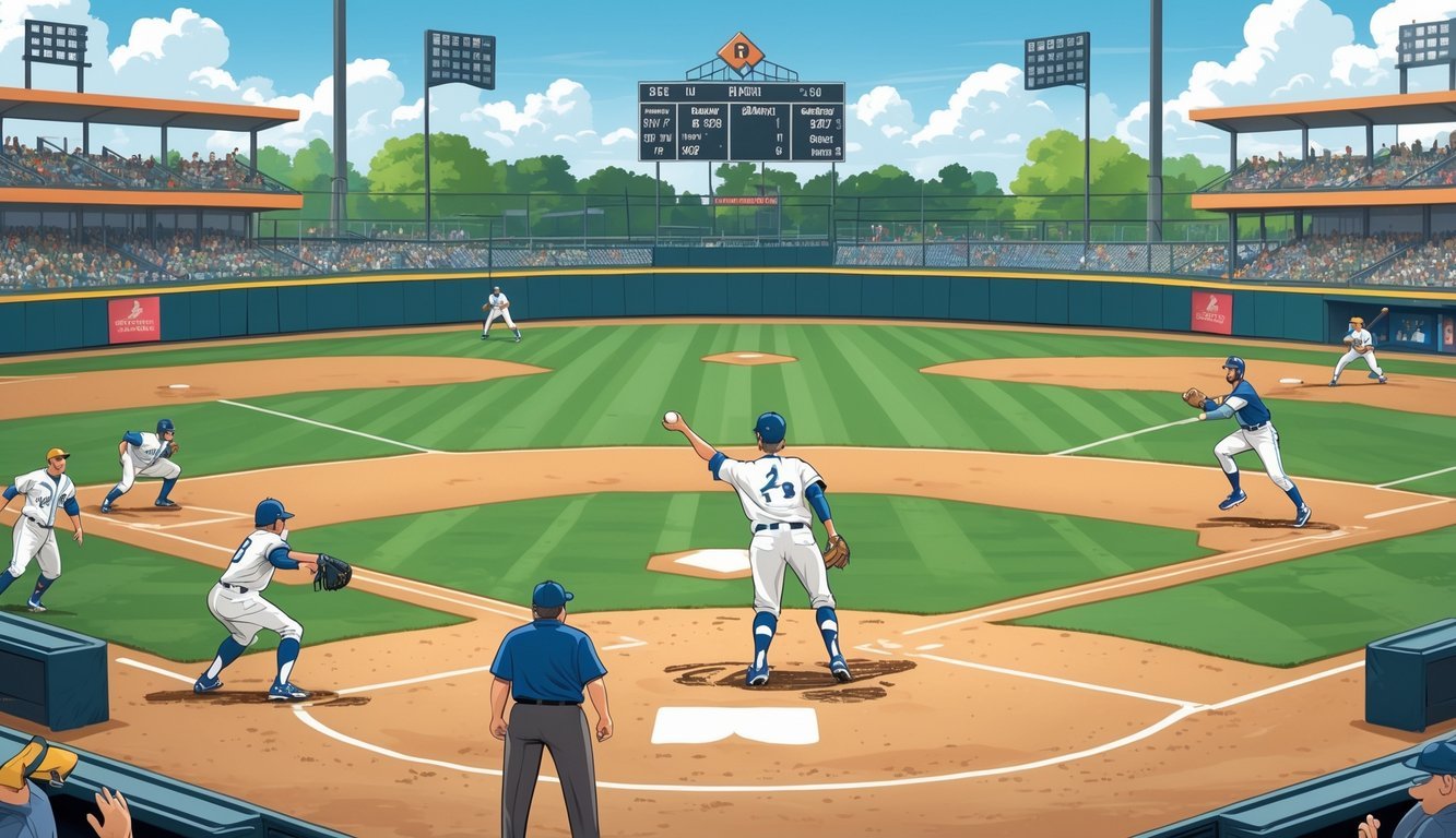 A baseball game scene showing infielders ready to catch a high fly ball with runners on first and second base and an umpire signaling the infield fly call.
