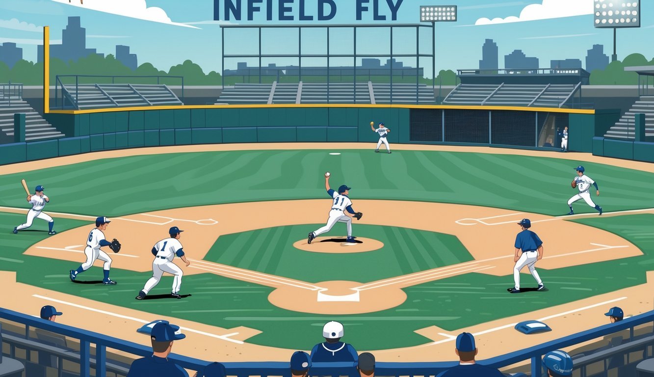 Baseball infield with players positioned near second base, an infielder catching a high pop-up ball, baserunners on first and second, and an umpire signaling with a raised hand.