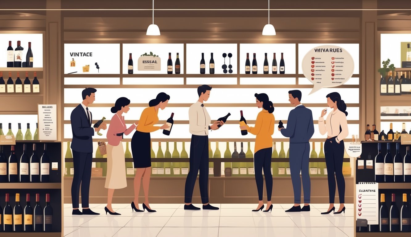 People selecting wine bottles in a wine shop with visual hints about common wine buying mistakes and expert advice.