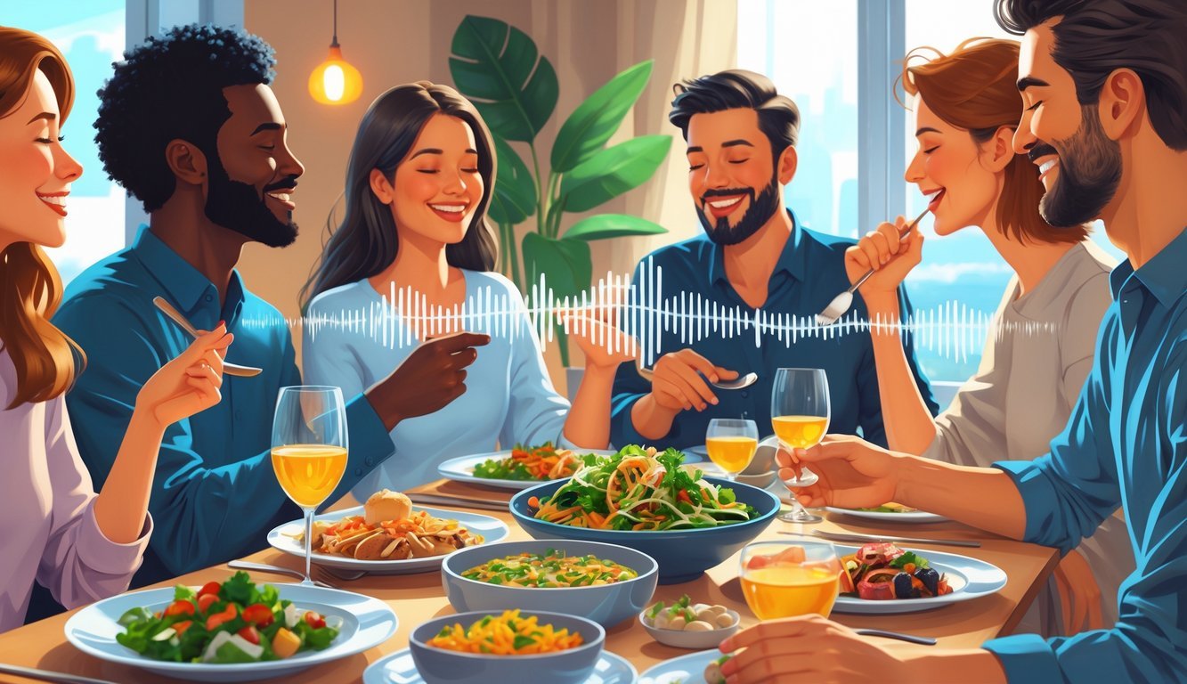 People enjoying a meal at a dining table with visible sound waves from a speaker in the background enhancing their dining experience.