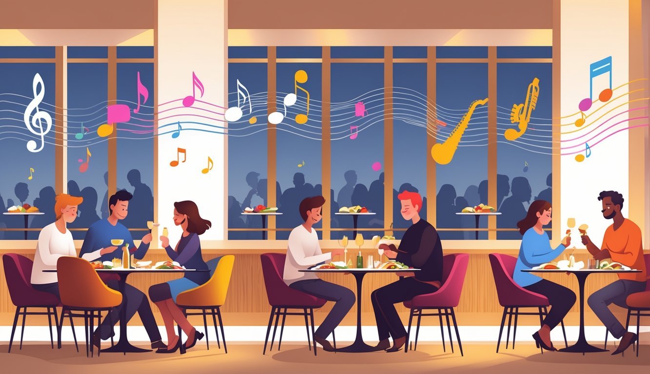 People enjoying meals at different tables in a restaurant, with visual elements representing various music styles influencing their dining experience.