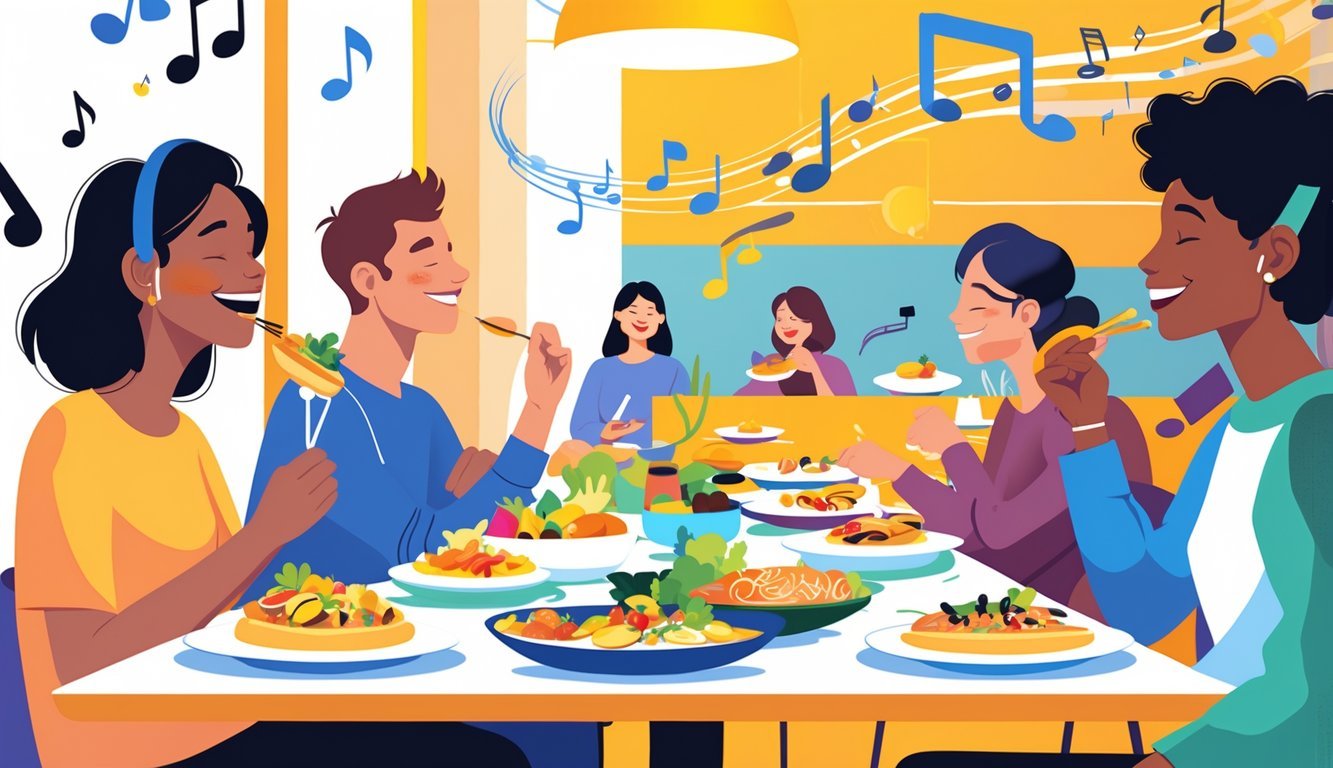 People enjoying meals in a café with musical notes floating around, showing how background music enhances the taste of food.