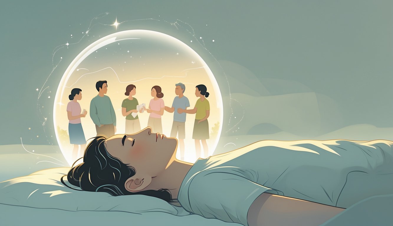 A person sleeping peacefully with a dream bubble showing glowing, friendly figures of old friends in a soft, glowing landscape.