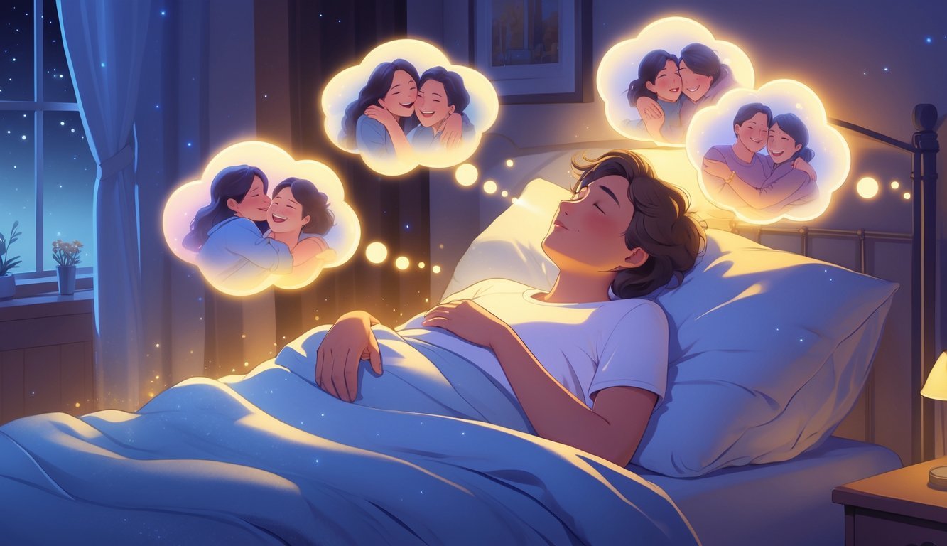A person sleeping peacefully in bed with glowing dream bubbles showing images of old friends sharing happy moments.