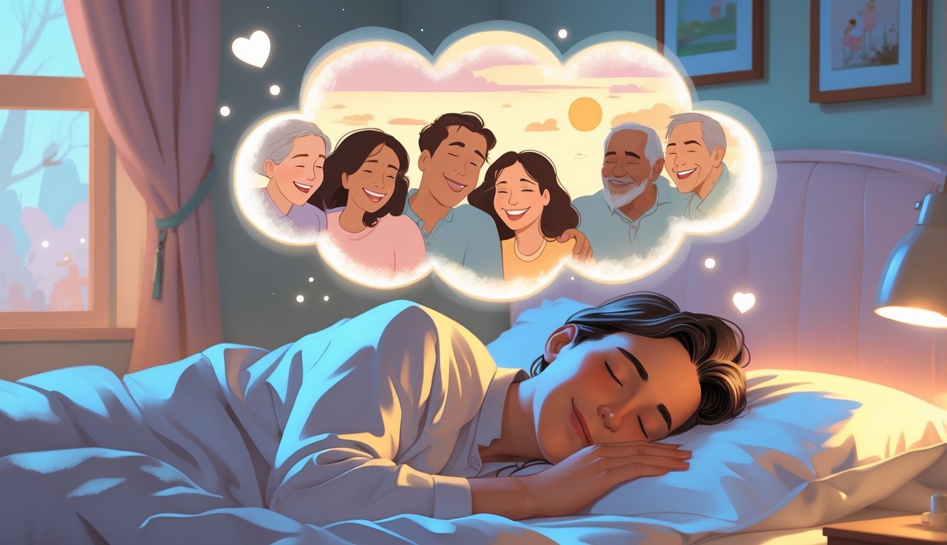 A person sleeping peacefully with a dream bubble above showing happy memories of old friends together in a warm, nostalgic setting.