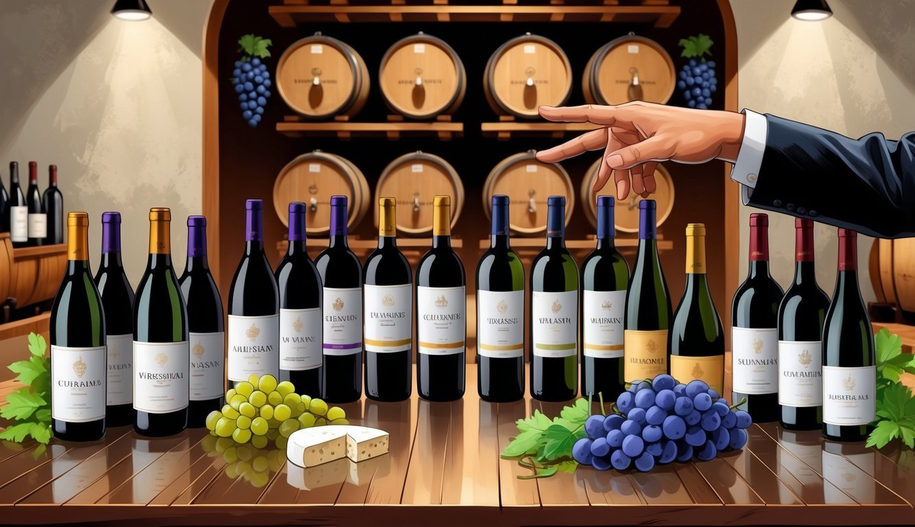A wine tasting scene showing two groups of wine bottles on a wooden table, one group representing overrated wines and the other recommended alternatives, with a sommelier's hand pointing from one group to the other in a wine cellar setting.