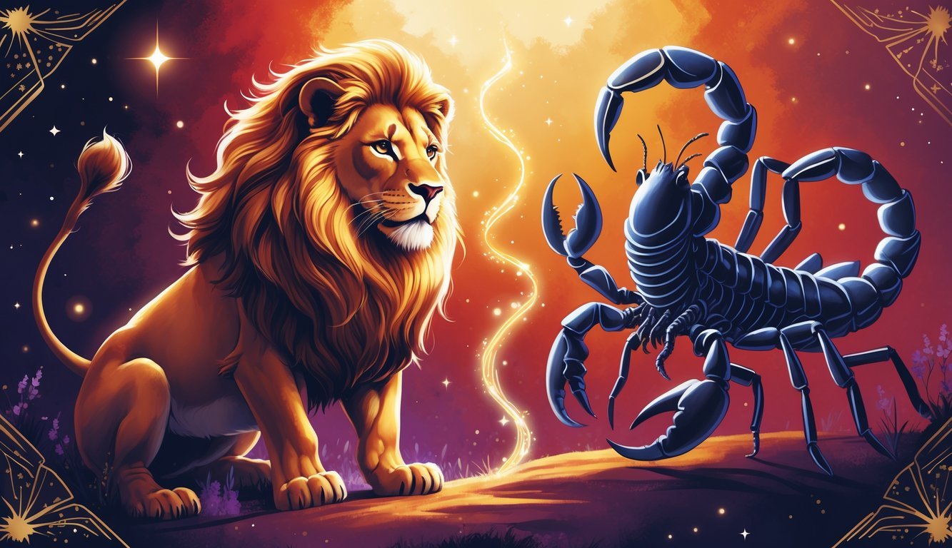 A lion and a scorpion facing each other with a glowing connection between them, set against a background of warm gold and deep red colors with stars.