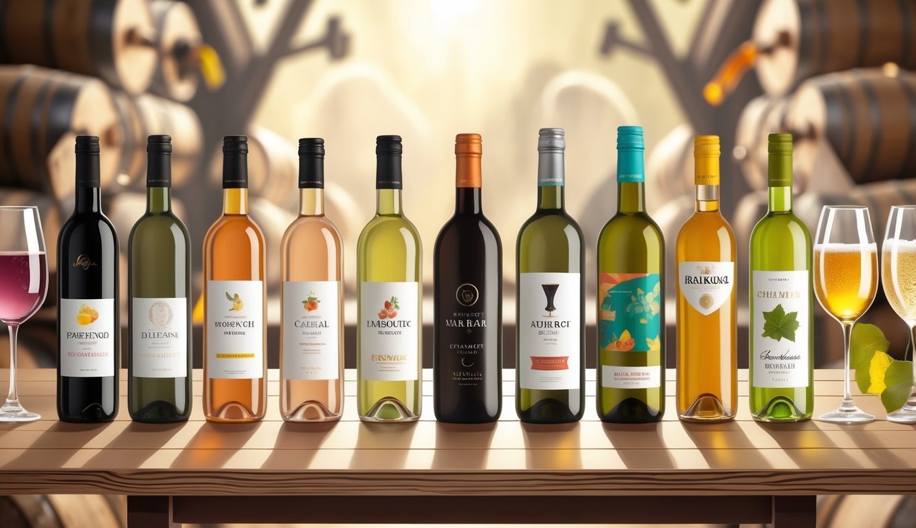 A table displaying ten bottles of wine paired with ten alternative drinks, including glasses of various beverages, set in a warm, softly lit environment.