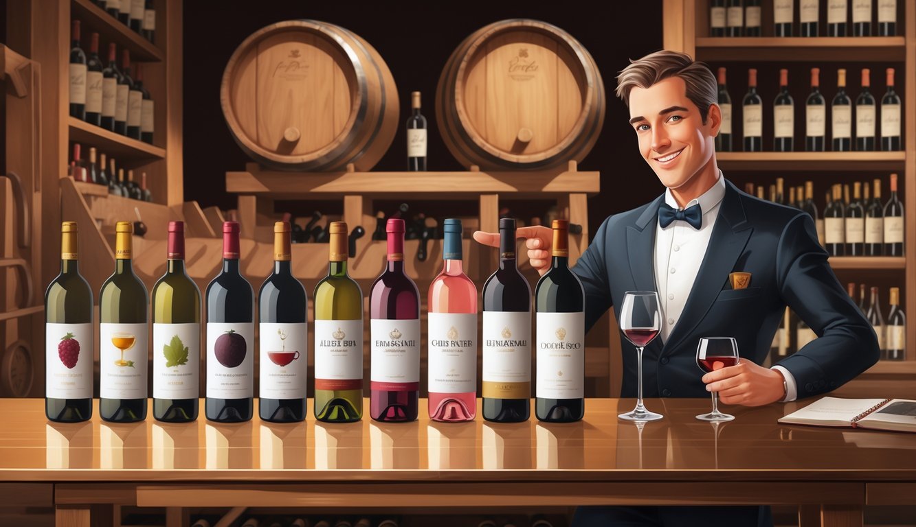 A sommelier presents ten wine bottles and their alternative recommended wines on a wooden table in a warmly lit wine cellar.