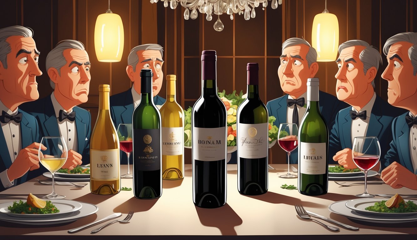 A group of well-dressed people at a dinner table look skeptically at seven bottles of wine, which appear low quality, in an elegant dining setting.