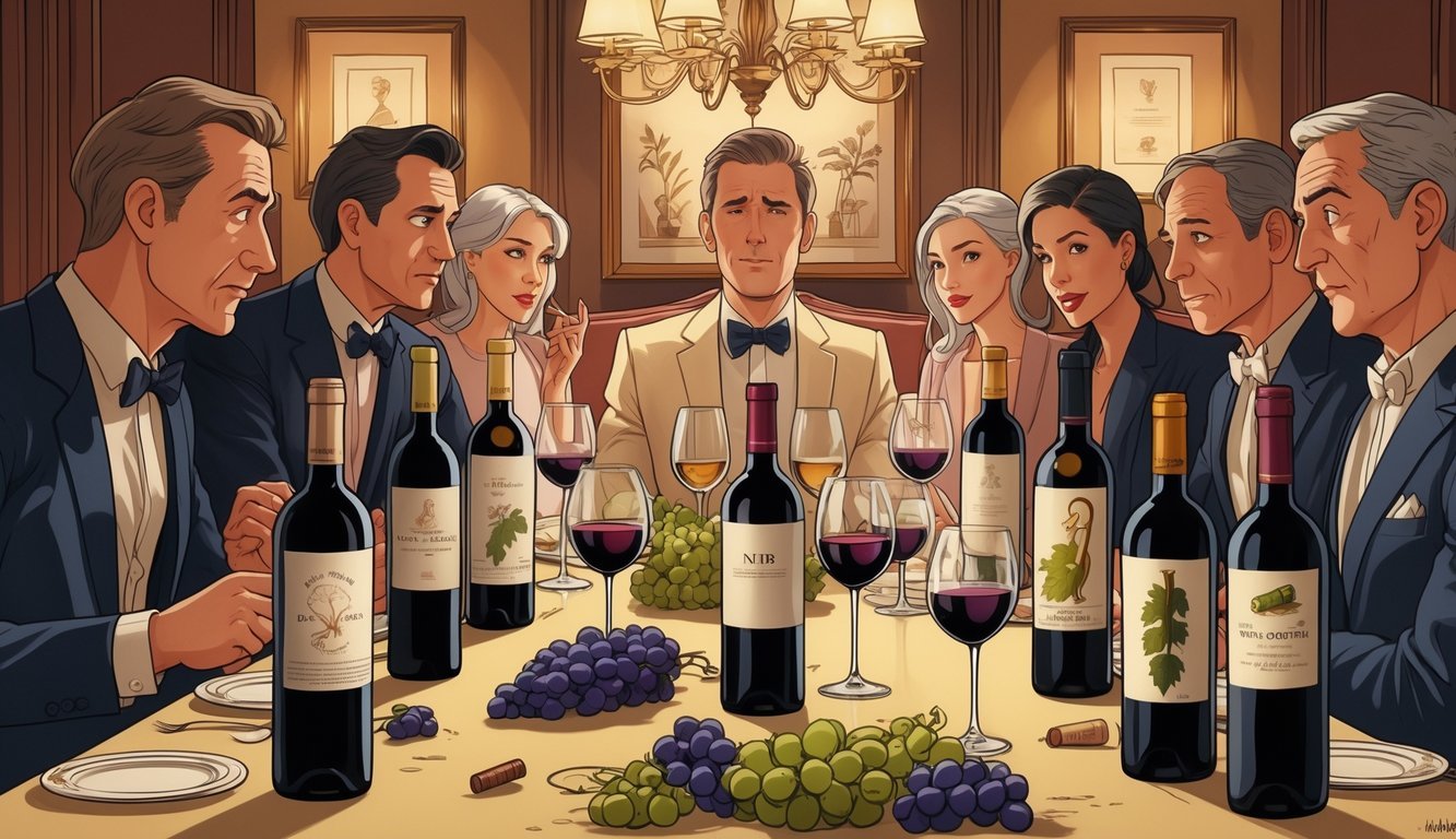 A person nervously holding a wine bottle at a dinner table with seven different wine bottles around, while a group of well-dressed people look on with skeptical expressions.