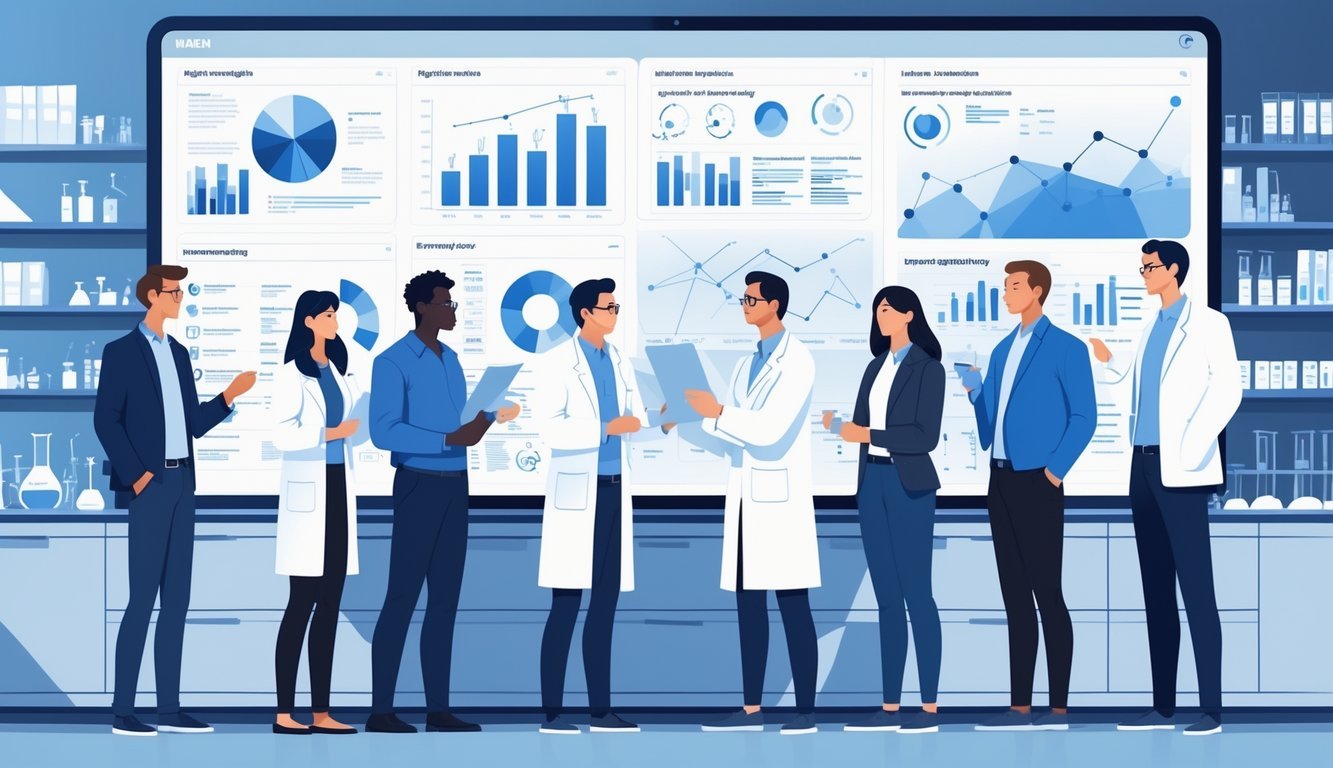 A group of scientists and analysts collaborating around a digital display showing data visualizations in a modern research lab.