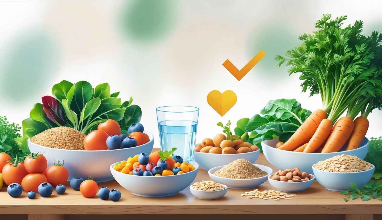An arrangement of fresh fruits, vegetables, whole grains, nuts, and water symbolizing healthy dietary choices linked to improved health.