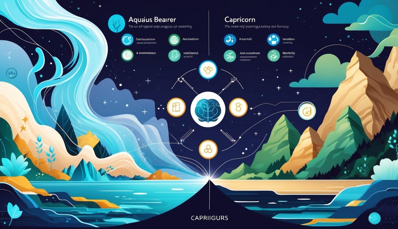 An illustration showing the Aquarius Water Bearer and Capricorn Sea-Goat symbols on opposite sides with water and mountain elements, connected by glowing symbols representing their compatibility.