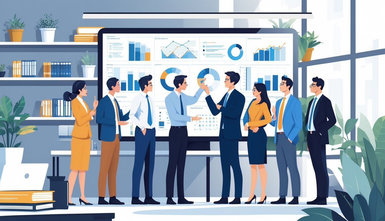 A group of professionals discussing data charts on a large digital screen in an office setting.