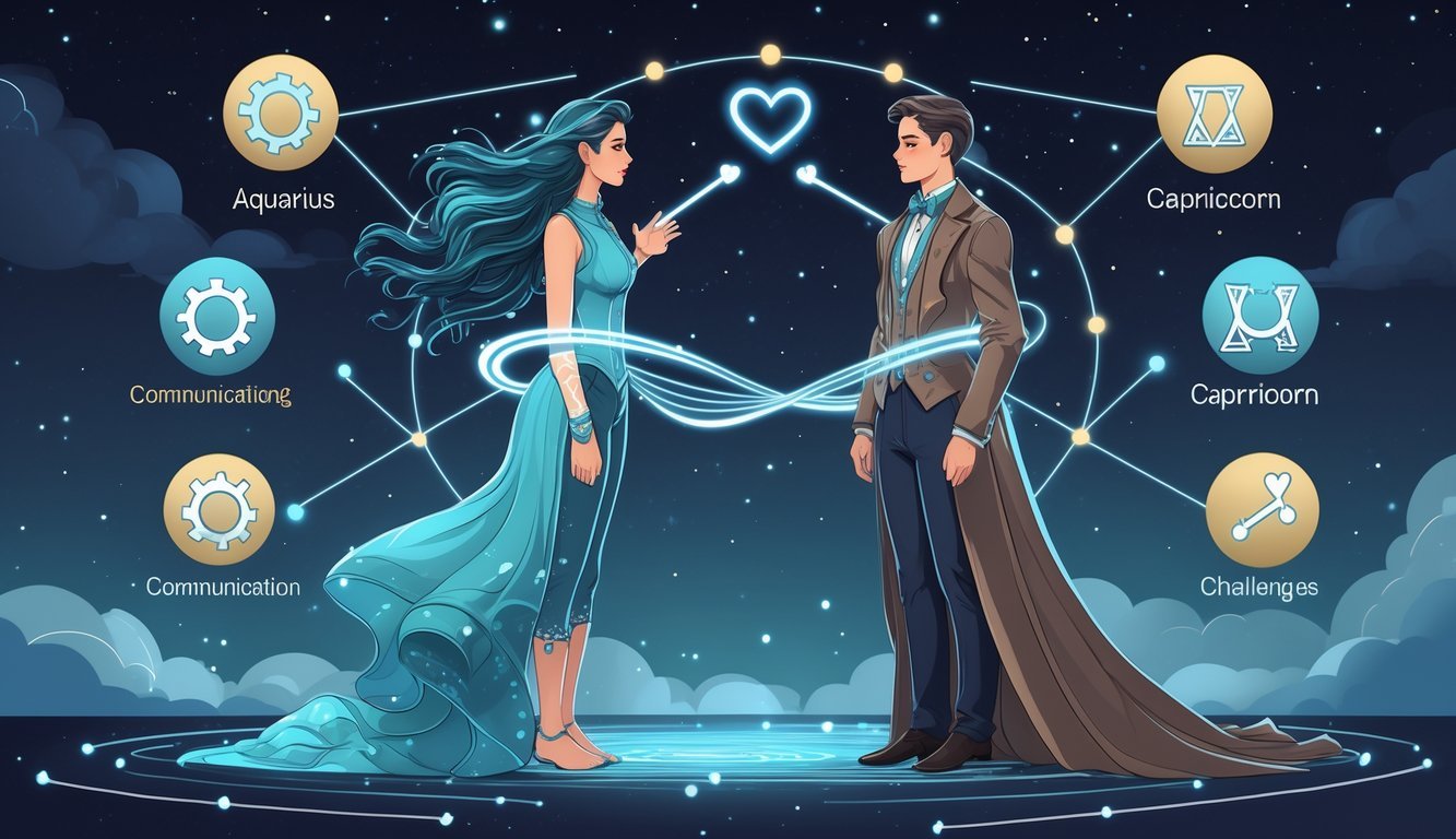 Two people representing Aquarius and Capricorn facing each other with symbolic elements showing their emotional connection and challenges, surrounded by six icons representing key compatibility facts.
