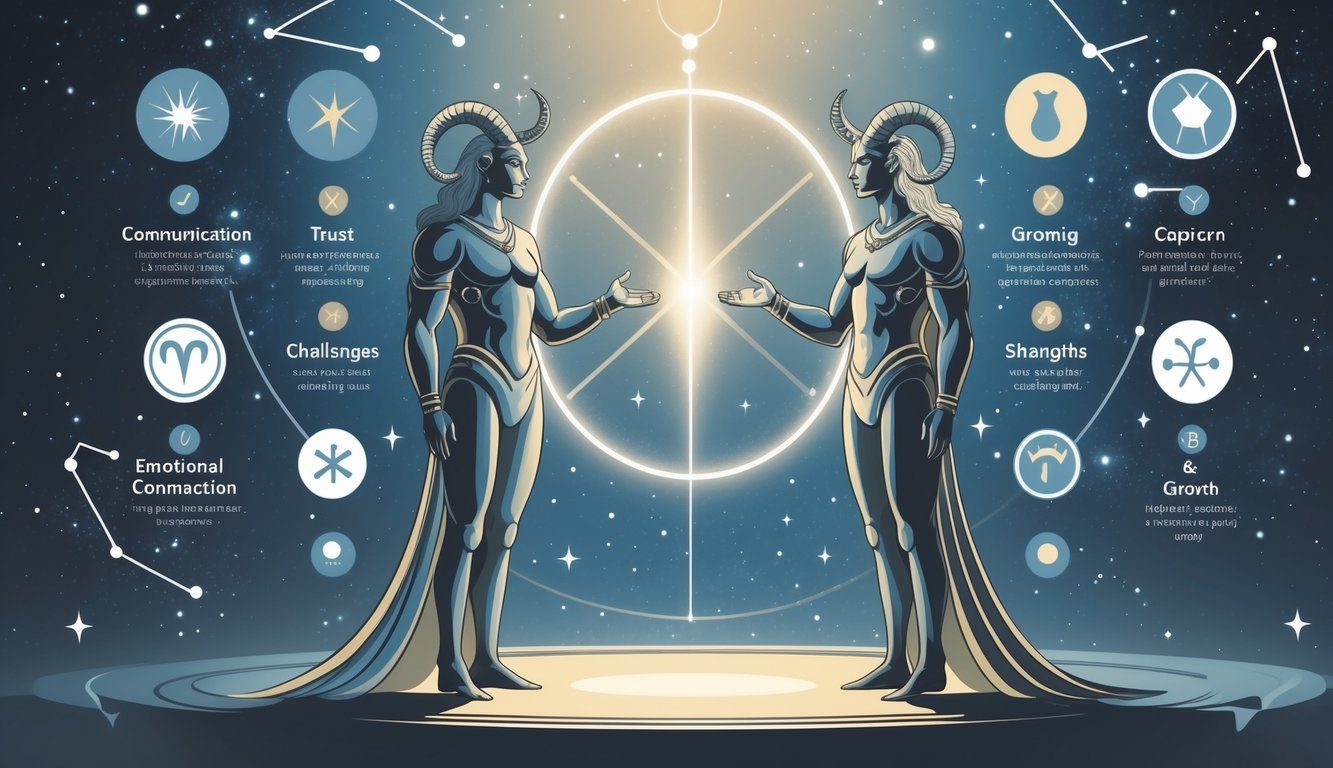 Two human figures representing Aquarius and Capricorn face each other with connecting light waves, surrounded by six icons symbolizing key compatibility facts, set against a cosmic background with stars and zodiac symbols.