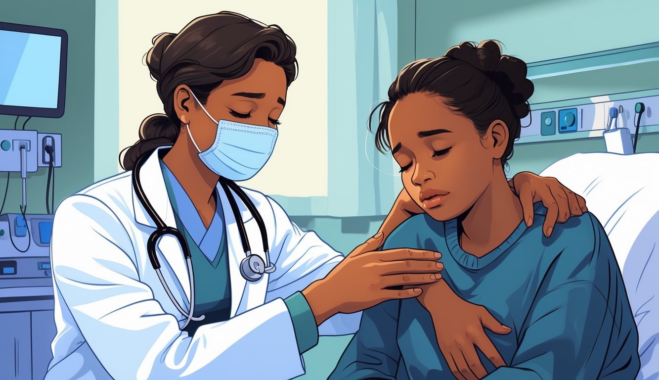 A doctor wearing a mask gently comforting a grieving person in a hospital room during the pandemic.