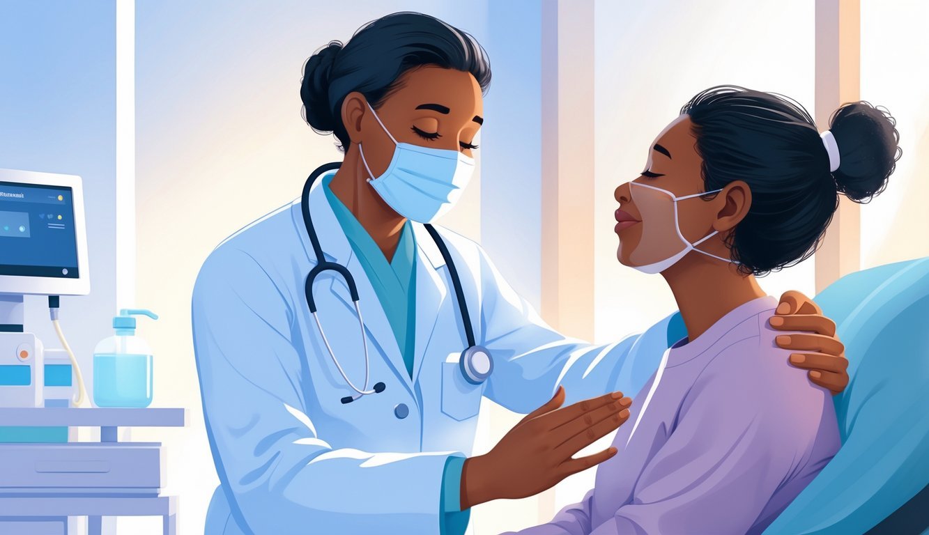 A doctor gently comforting a patient in a medical setting during the COVID-19 pandemic.