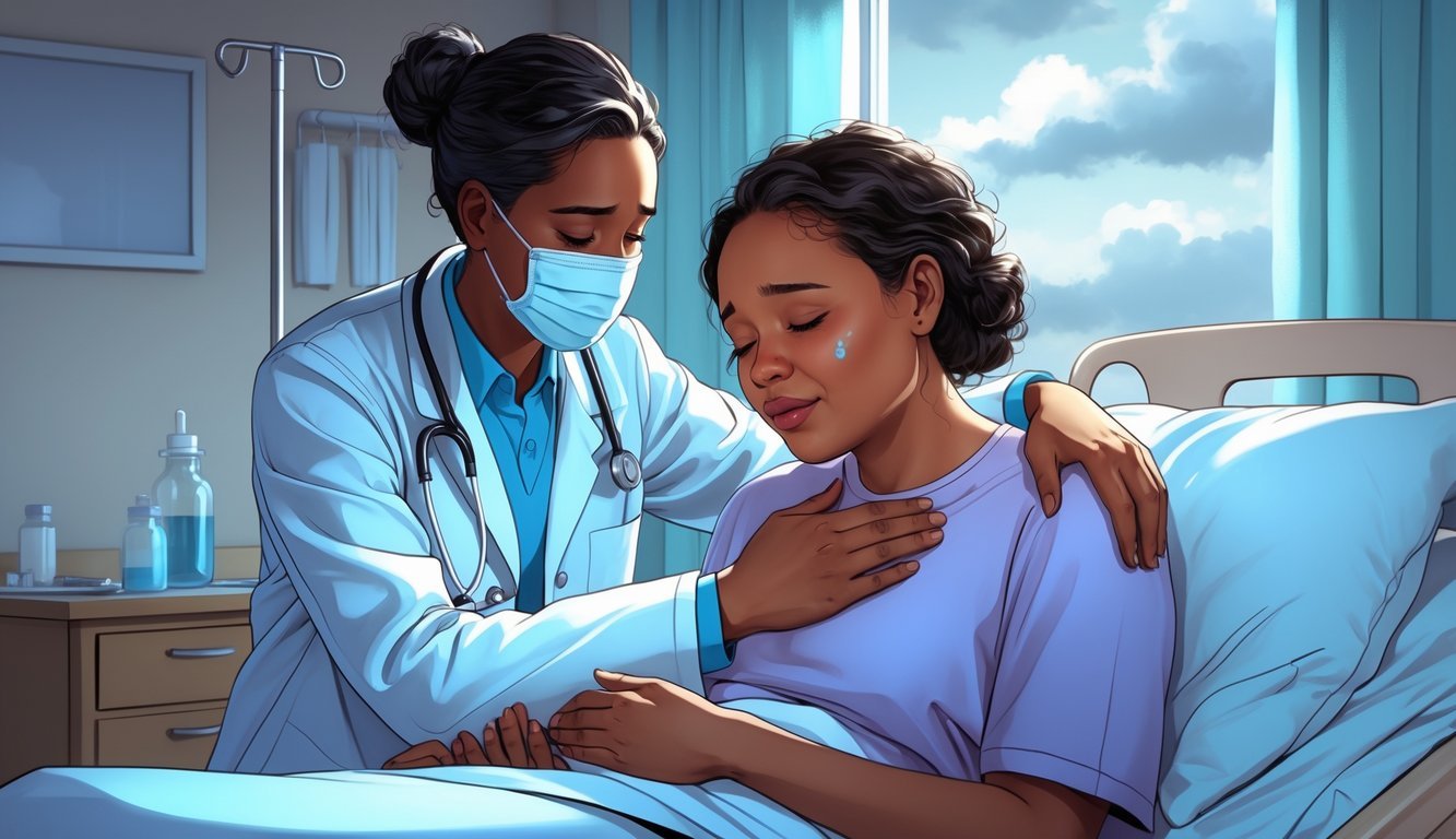 A doctor wearing a face mask gently comforts a grieving person in a hospital room.