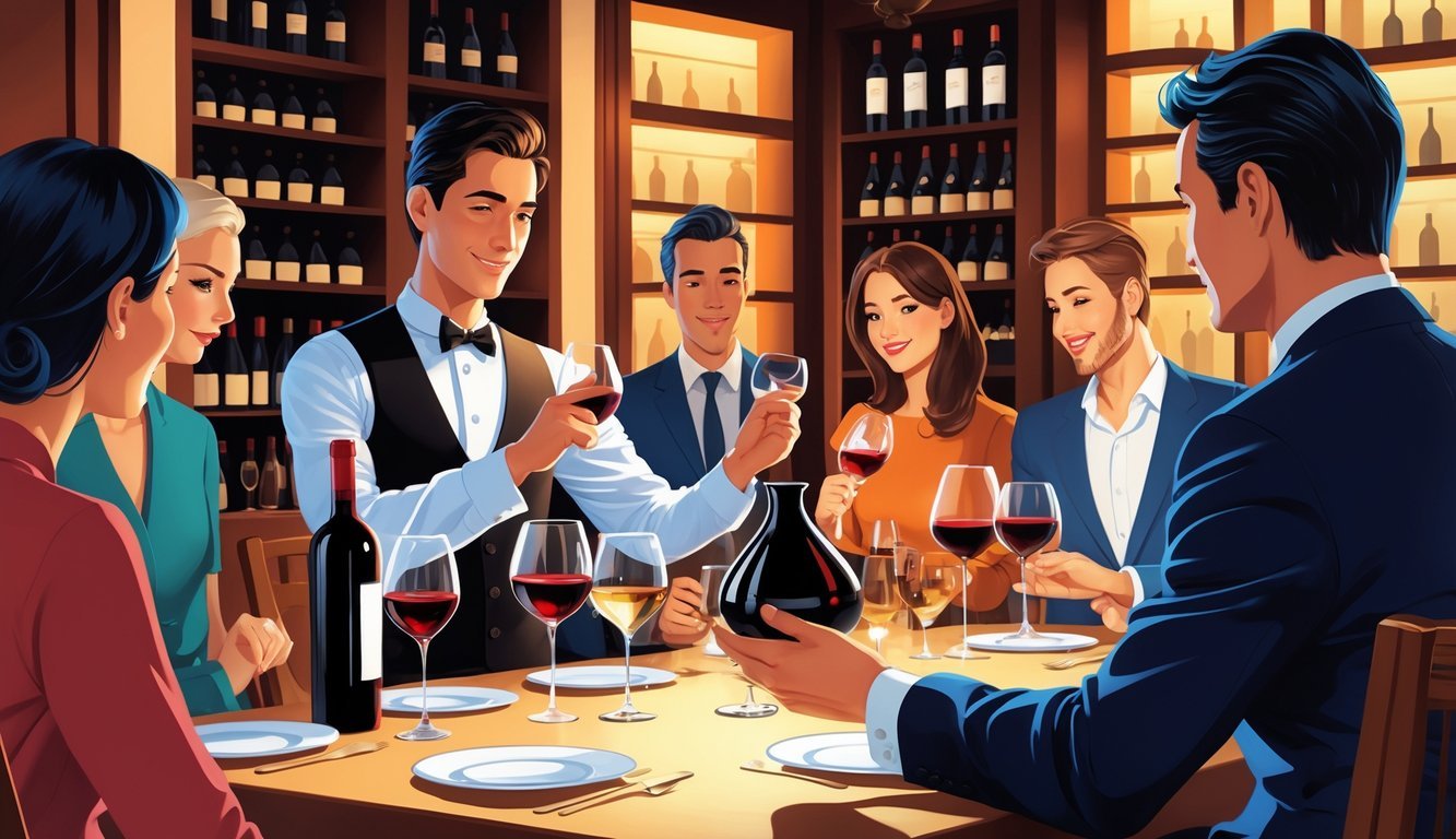 A sommelier demonstrates proper wine tasting techniques to a small group in an elegant dining room with wine glasses and bottles on the table.