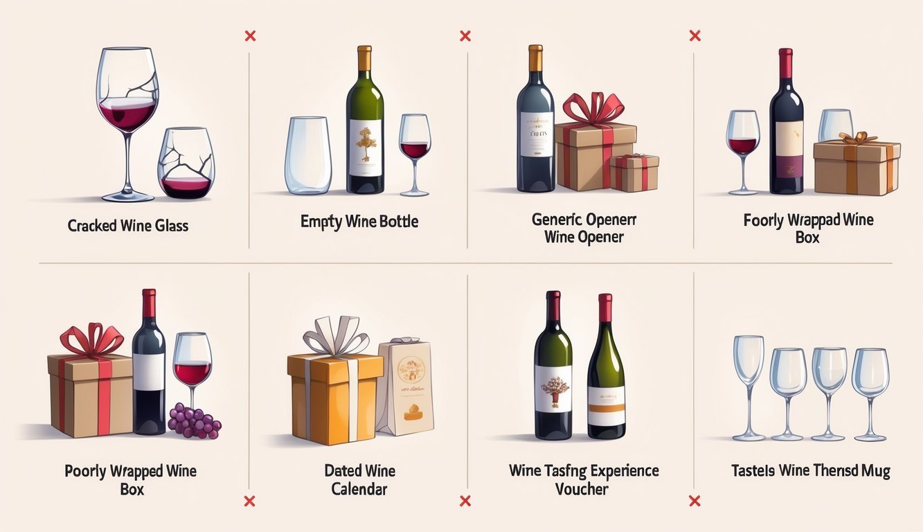 A scene showing six bad wine gift ideas paired with better gift alternatives, including items like cracked glasses and elegant wine accessories arranged on a neutral background.
