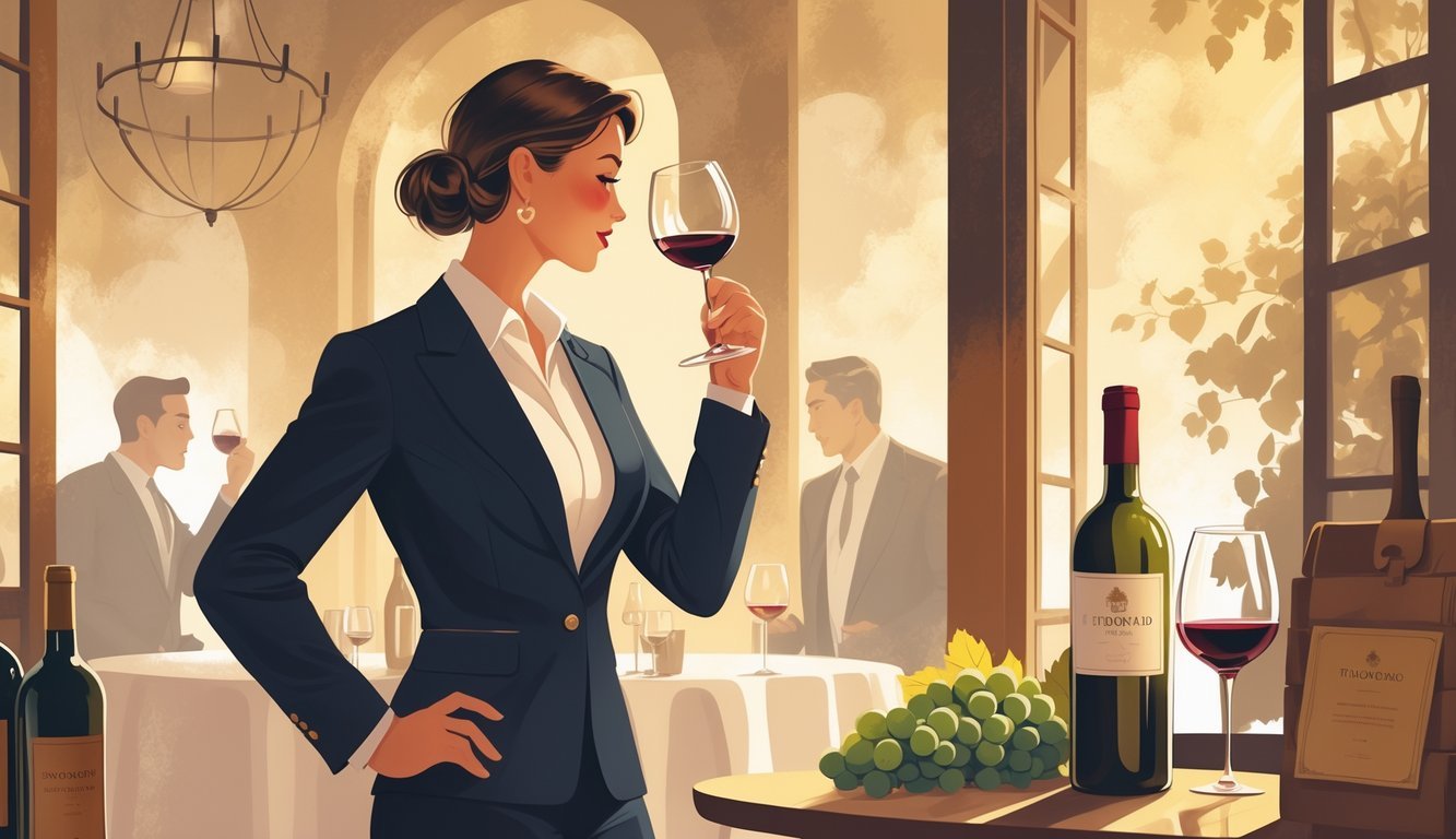 A person in a wine tasting room carefully examining a glass of wine while others converse in the background.