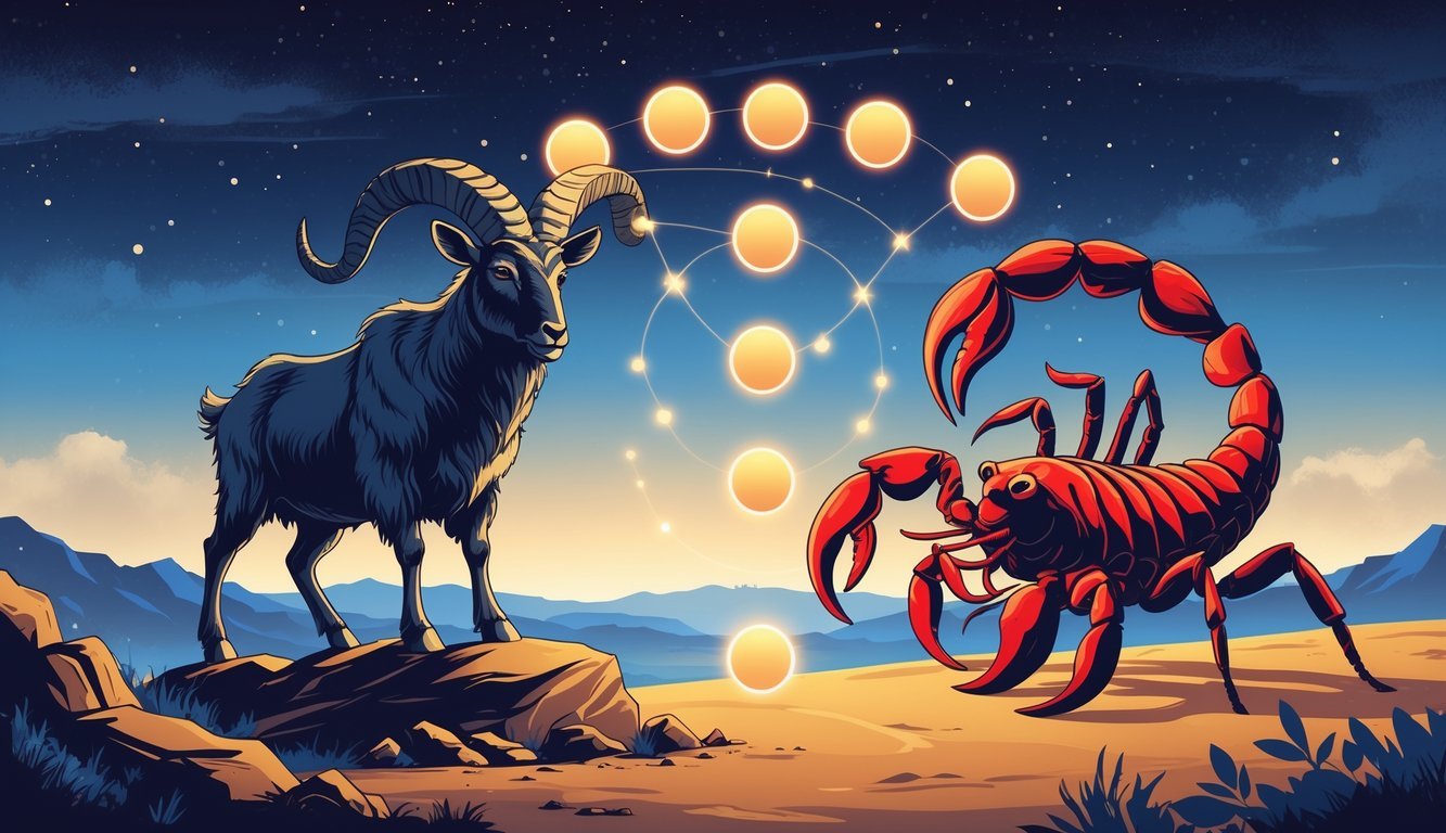 An illustration showing a mountain goat on rocky terrain facing a scorpion on desert ground with seven glowing orbs floating between them under a starry sky transitioning to dawn.
