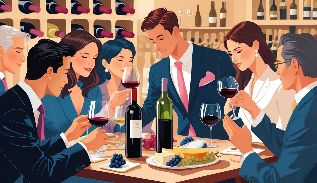 People gathered around a table tasting wine with bottles, glasses, and a cheese platter in a wine cellar setting.