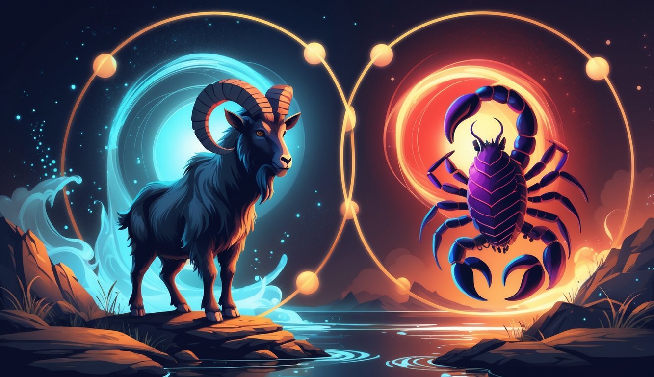 An illustration showing a mountain goat and a glowing scorpion facing each other with intertwined flowing water and earth elements between them, symbolizing a strong and balanced connection.