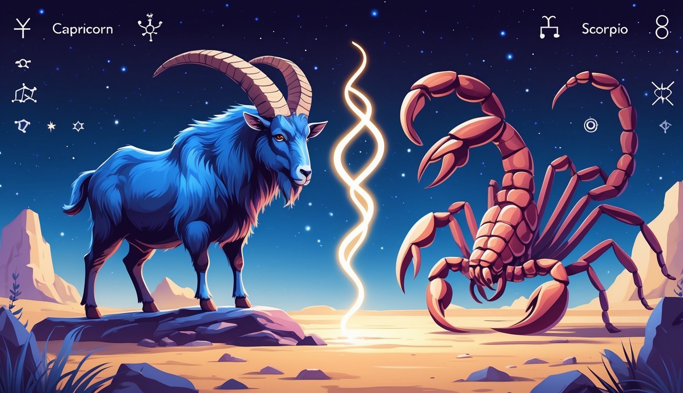 Two figures representing Capricorn and Scorpio face each other under a starry night sky, connected by glowing energy with seven symbolic icons around them.