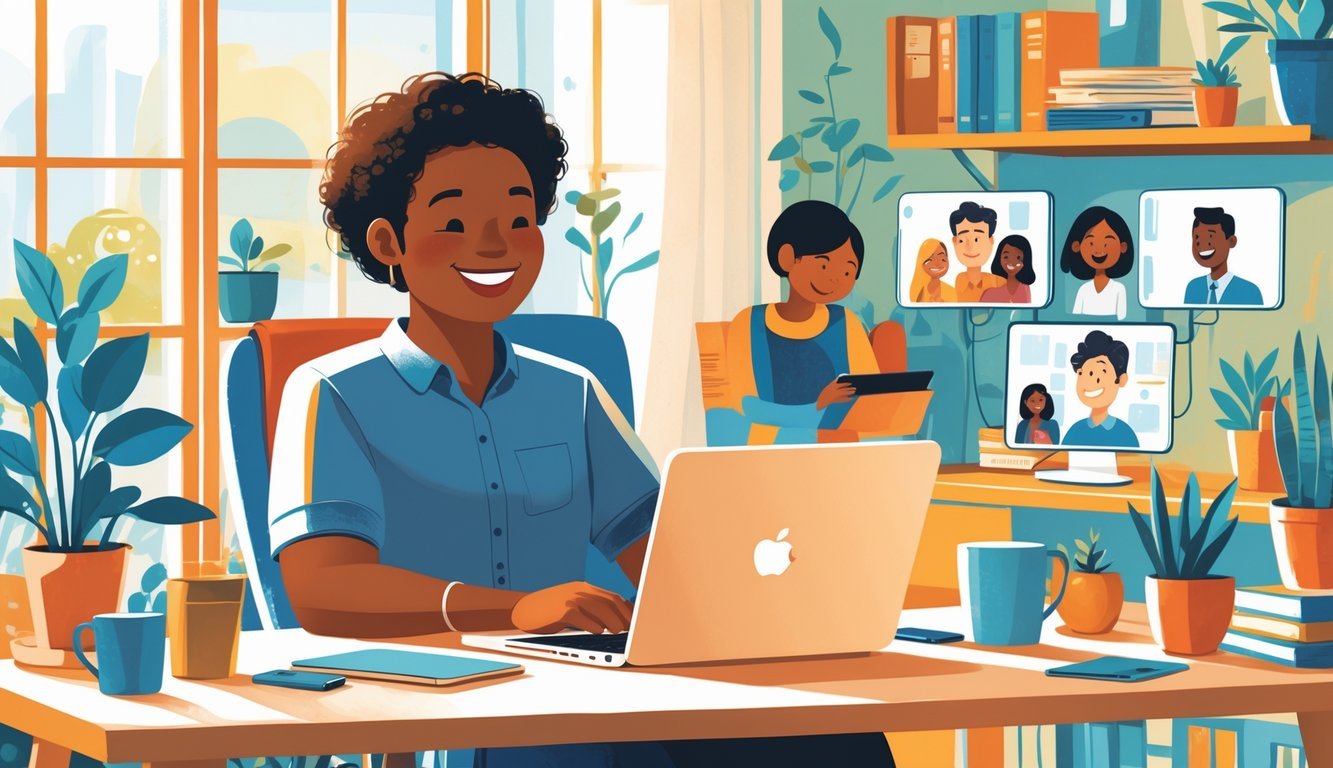 A person working on a laptop at home while family members interact happily nearby.
