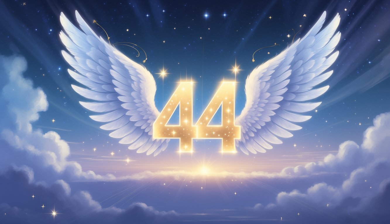 Glowing number 444 surrounded by angel wings and soft light against a starry sky background.